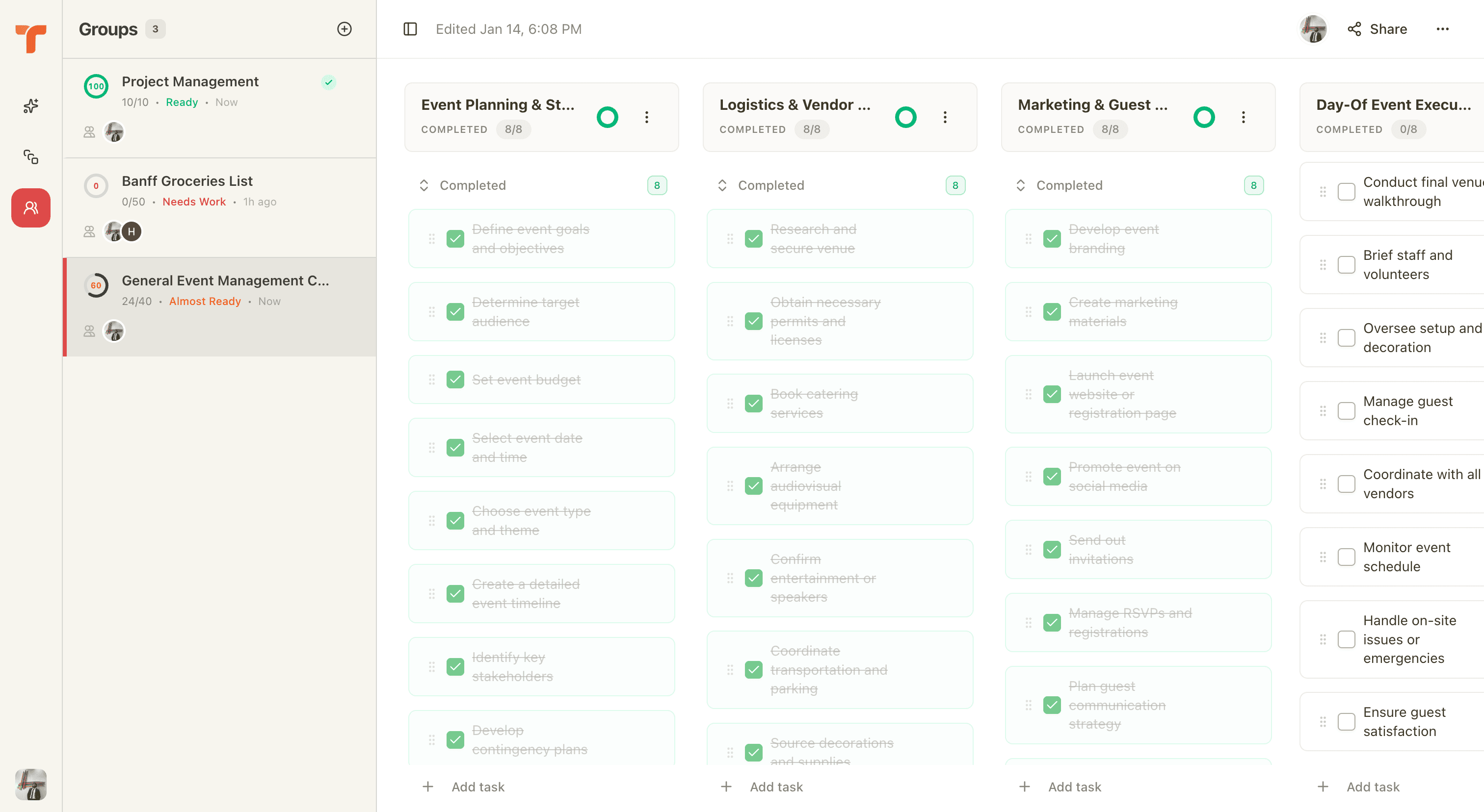 Taskbit app showing a collaborative checklist with sections and tasks